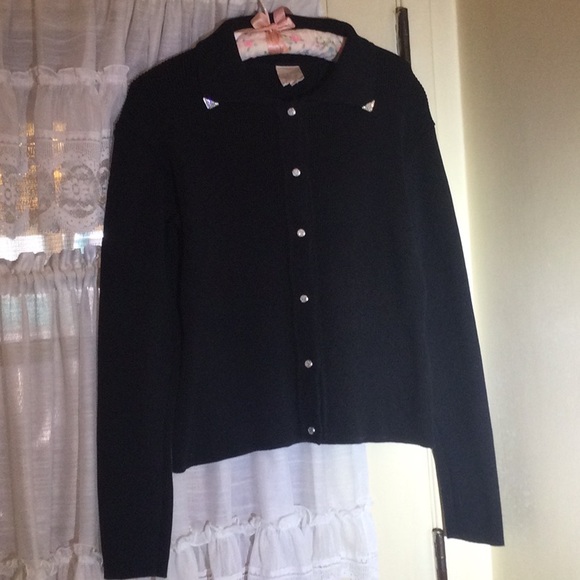 Black Knit Sweater With Bling Buttons and Silver Tips on collar by Von Saken - Picture 11 of 11
